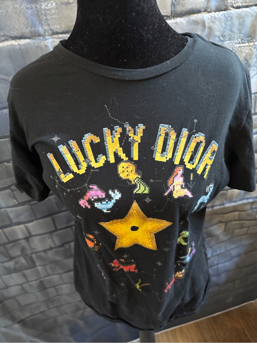 Dior Kids Black Short-Sleeve Tee with Yellow Star & Multicolor Pixel Graphics
